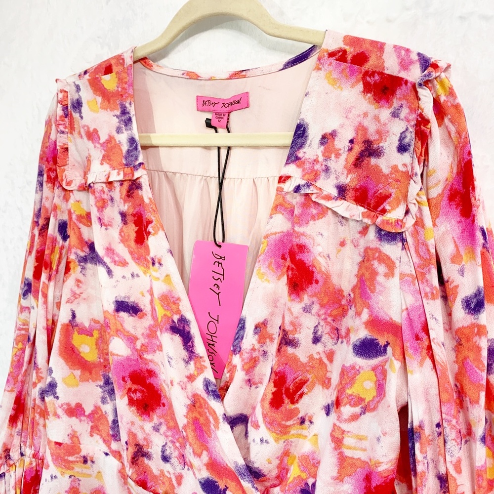 Betsey Johnson Pink Yarrow Faux Wrap Flounce Hem Dress Sz 12 - Picture 4 of 13